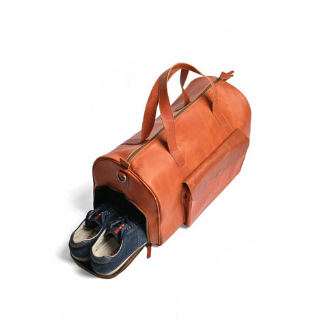 Premium Pull-Up Tan Leather Duffel Bag Weekender Travel Bag