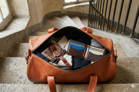 Premium Pull-Up Tan Leather Duffel Bag Weekender Travel Bag