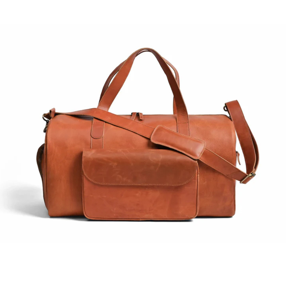 Premium Pull-Up Tan Leather Duffel Bag Weekender Travel Bag
