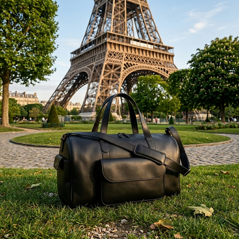 Premium Black Leather Duffel Weekender Travel Bag