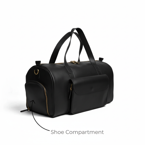 Premium Black Leather Duffel Weekender Travel Bag