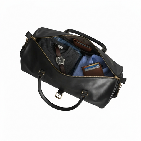 Premium Black Leather Duffel Bag Travel & Weekender Bag
