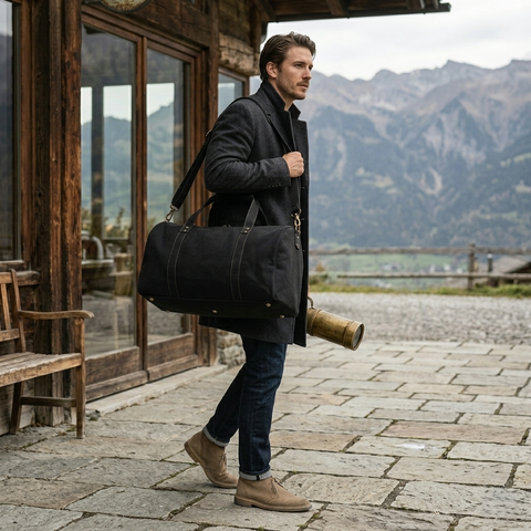 Black Leather Duffel Bag Premium Travel & Gym Holdall with Shoe Compartment