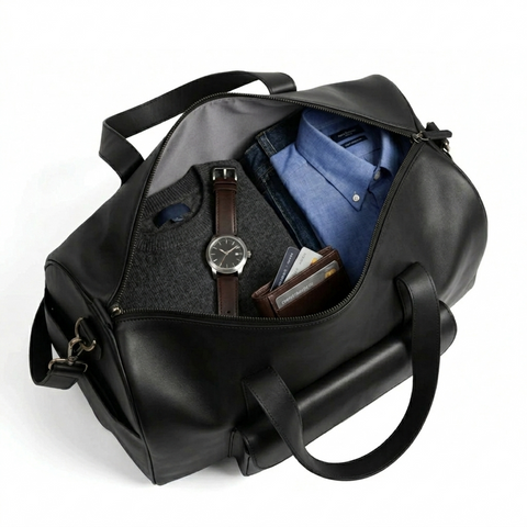 Premium Black Leather Duffel Weekender Travel Bag