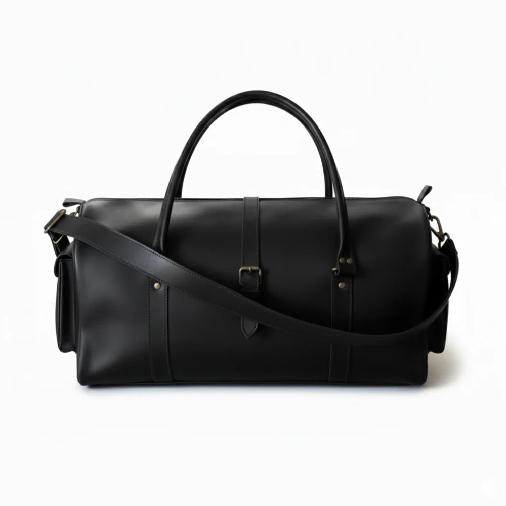 Premium Black Leather Duffel Bag Travel & Weekender Bag