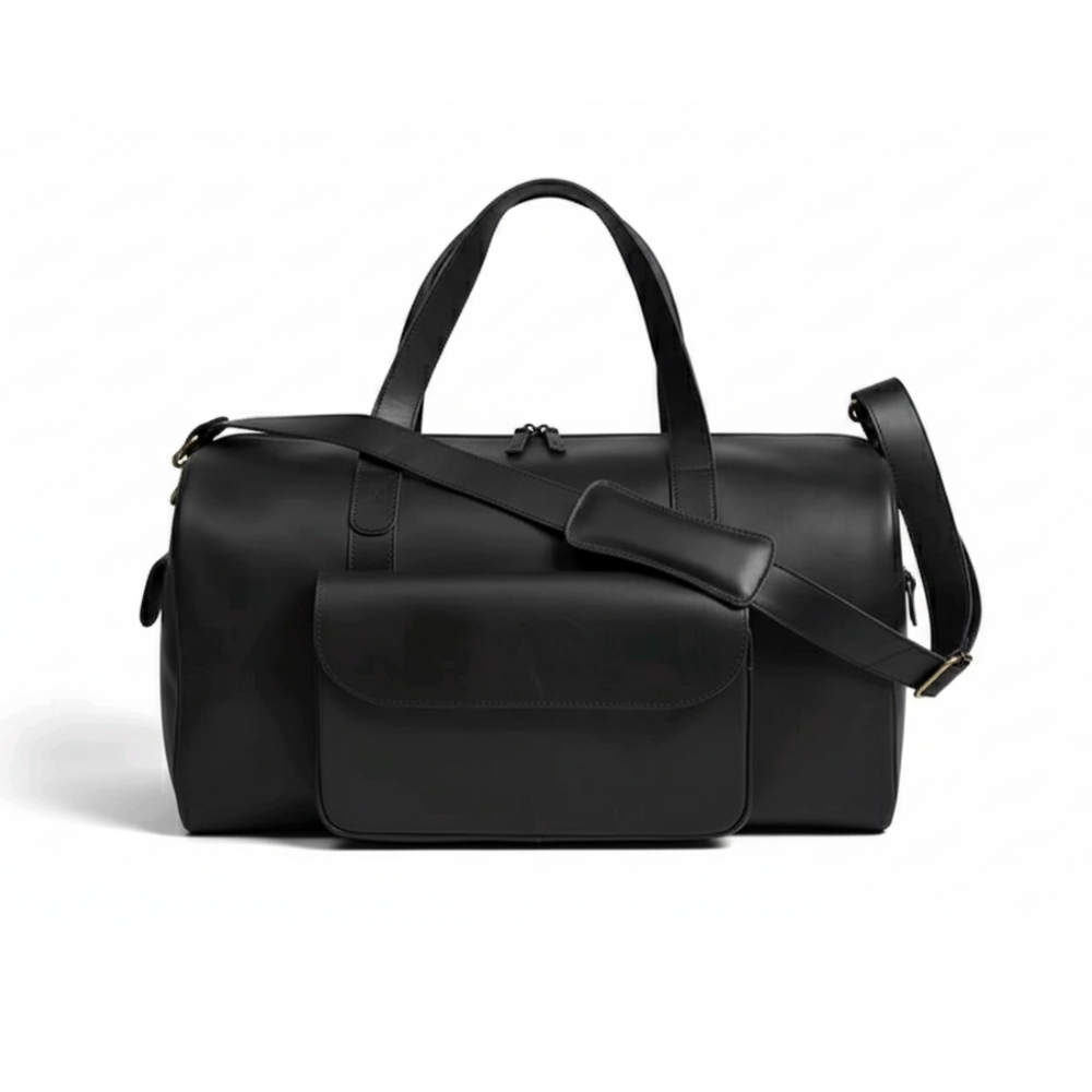Premium Black Leather Duffel Weekender Travel Bag