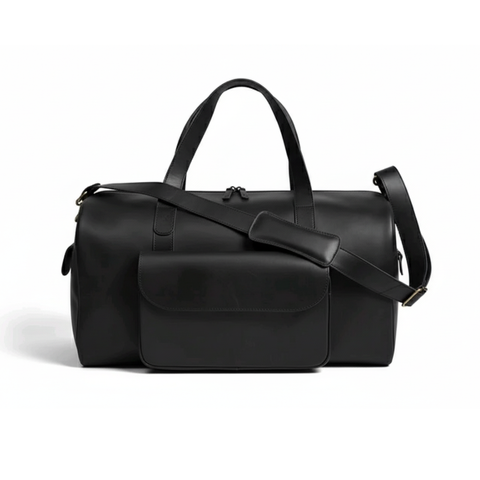 Premium Black Leather Duffel Weekender Travel Bag