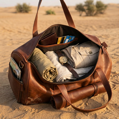 Full-Grain Cowhide Premium Pull-Up Leather Duffle Bag Weekender Bag |Camel Brown